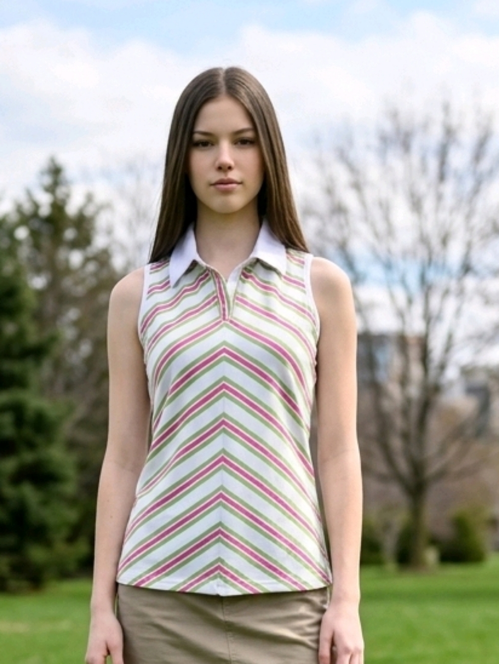 Striped Sleeveless Polo Top in Pastel Pink & Green